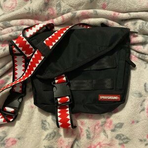 Sprayground Black Messenger Bag with Red and White Strap